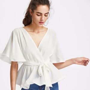 Flutter Sleeve Belted Surplice Wrap Top